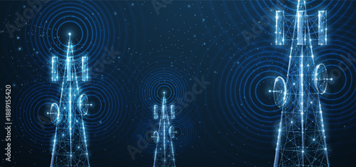 Abstract antenna mast on blue. 5G technology, telecommunication industry, telecom network, broadcast television, cell phone, 5G telecommunication, city communication, LTE transmitter concept.

