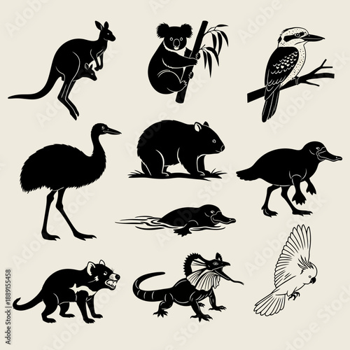 Black Silhouette Australian Wildlife Vector Set on Beige Background