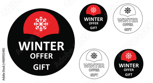 Four circular winter offer gift badges with snowflake designs