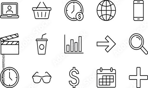 Collection of black line for business technology and finance on white background