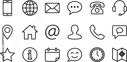 Collection of black outline contact and communication on white background phone mobile