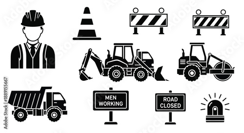 Construction icons depicting workers vehicles and road safety elements