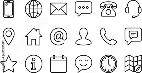 Collection of black outline contact and communication on white background smartphone