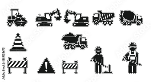 Construction equipment and safety icons in a monochrome style
