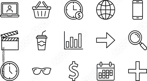 Collection of black outline for business technology and lifestyle on white background