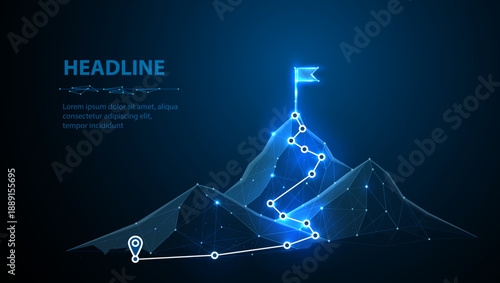 Digital mountain route. Digital technology transformation, overcoming difficulty, achieve business goals, striving for career growth and achievement, strategic plan to reach aims, success concept

