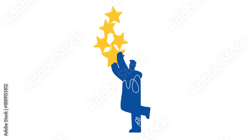 A blue cartoon man reaching for yellow stars in the air
