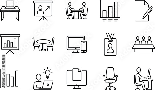 Collection of business and office in black outline style laptop