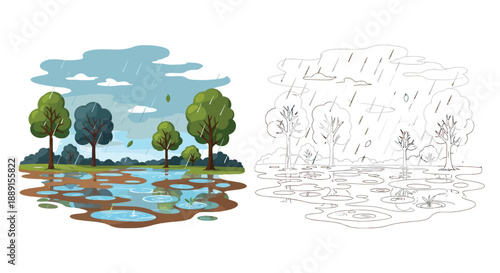 A rainy day landscape with trees and puddles shown in color and outline