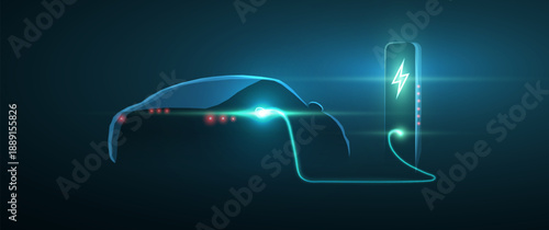 EV. Electric car connect to charging station. Eco power, EV charger, green vehicle, alternative energy, rechargeable battery, auto industry, future technology, hybrid concept

