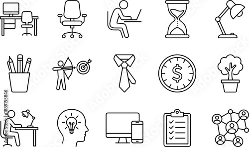 Collection of business and office in black outline style office desk computer chair