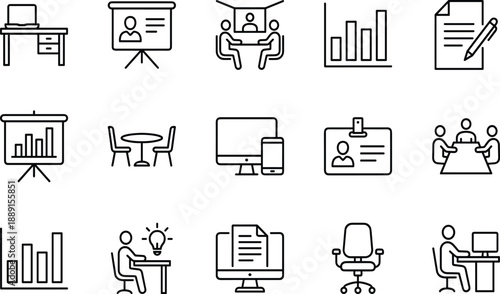 Collection of business and office including desk laptop meeting table computer and charts