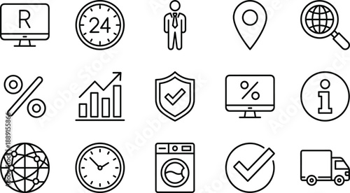 Collection of business and service including computer clock person location globe and truck