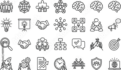 Collection of business and teamwork line on white background collaboration strategy