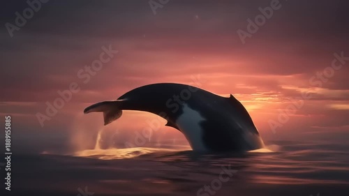 Humpback whale breaching the surface at sunset with vivid sky