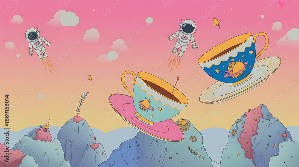 custom made wallpaper toronto digitalCosmic Tea Party: A whimsical scene unfolds as astronauts embark on an intergalactic tea party, riding tea cups across a vibrant, colorful, and dreamy landscape.