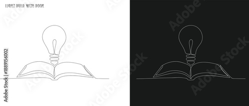 one line drawing  light bulb book, light bulb above book continuous one line art drawing, line drawing open book with lamp idea symbol, school education concept, vector illustration isolated on white