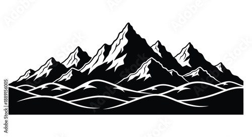 Stylized black and white illustration of jagged mountain peaks and flowing lines