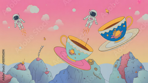 Wallpaper Mural Cosmic Tea Party: A whimsical scene unfolds as astronauts embark on an intergalactic tea party, riding tea cups across a vibrant, colorful, and dreamy landscape. Torontodigital.ca