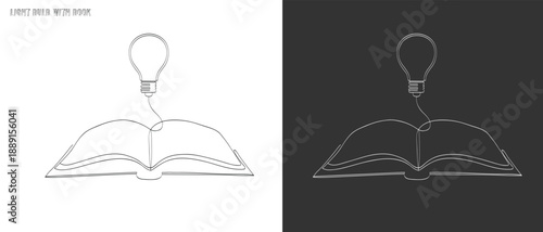 one line drawing  light bulb book, light bulb above book continuous one line art drawing, line drawing open book with lamp idea symbol, school education concept, vector illustration isolated on white