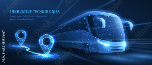 Bus and two pin icons. Coach transfer, GPS navigation, Bus route, Tourist tour, Transport service, Passenger express, Public transport, Travel service app concept

