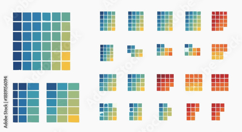 A colorful grid of variously sized pixelated squares displayed in a seemingly random pattern on a clean layout, showcasing a visual representation from a straightforward viewpoint