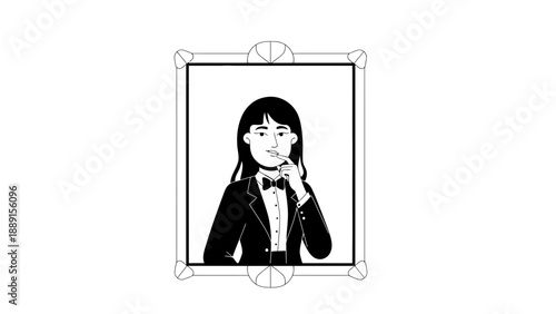 A cartoon woman in a tuxedo with a thoughtful expression