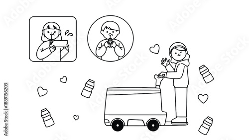 A cartoon woman delivering yogurt with hearts and cups around her