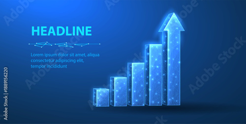 Glowing bar chart with upward arrow on blue background. Business growth, financial progress, analytics, data performance, market success, development strategy concept. Vector illustration.