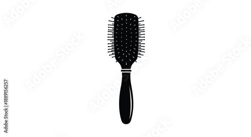 A black hairbrush with a rectangular head and plastic handle isolated on white