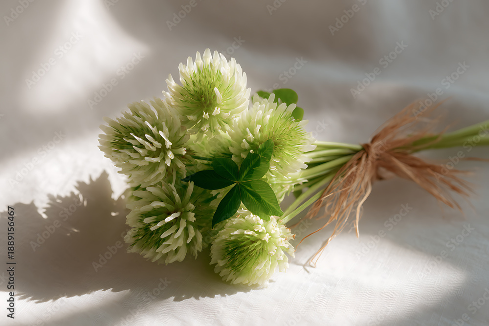 Fototapeta premium botanical arrangement, bouquet of three-leaf clover with a fresh, bright composition, natural twine tie, soft sage green palette, and white background with subtle shadows