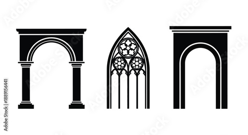 Three gothic arches in black and white showcasing architectural details