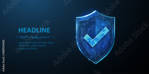 Secure technology. Polygonal wireframe shield with check mark sign isolated on blue. Secure service, protect data, cyber shield, antivirus solution, internet safety, firewall system, privacy concept

