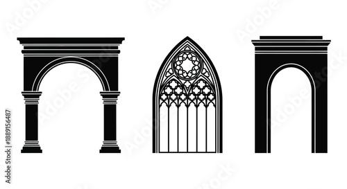Three gothic arches displayed in black and white showcasing architectural details