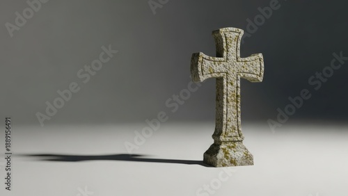 An old weathered stone cross casting a long shadow. Christian religious symbol of faith and spirituality. Minimalist concept with copy space for text