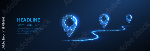 Pins. Abstract three pin icons with line isolated on blue. Transportation delivery, map location, transport logistic, tourism navigate, concept. Gps point navigation, geo point, location point symbol
