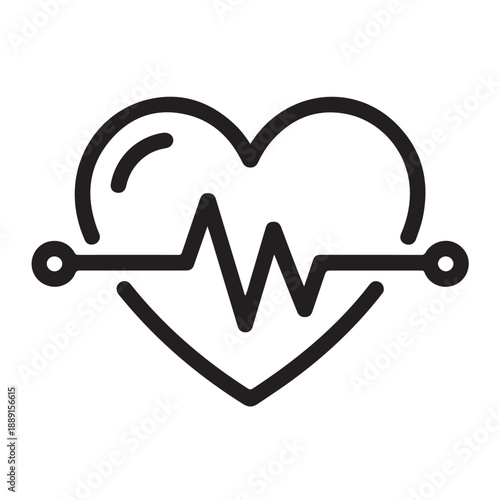 Simple line art icon representing cardiac health monitoring with heart shape and electrocardiogram pulse line showing vital signs