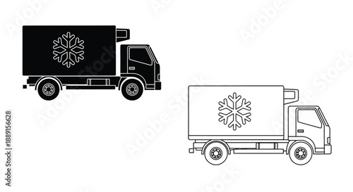 Two monochrome illustrations of refrigerated delivery trucks with snowflake designs