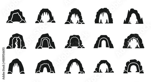 Collection of black cave silhouettes displayed in a grid arrangement