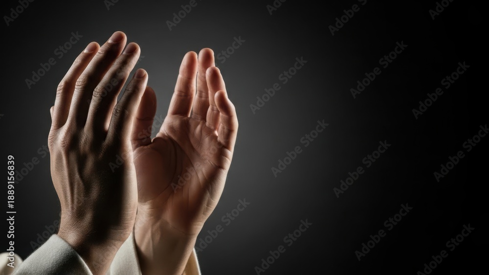 Fototapeta premium Praying hands gesture, open palms reaching upwards, illuminated on dark background, symbolizing spiritual devotion. Hands convey faith, hope, reverence during prayer.