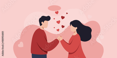 Loving couple sharing romantic moment with hearts floating between them