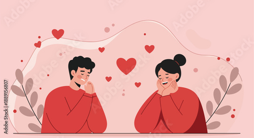 Couple in love with hearts and blush on a soft pink background