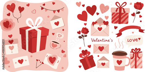 Valentine s day themed illustrations with hearts gifts and love symbols