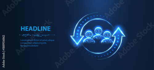 HR update. Three man icons inside arrows in the circle form. Human resource changes, employee retentioin, personnel update, workgroup support, staff retain, hr change concept. Abstract 3d pictogram

