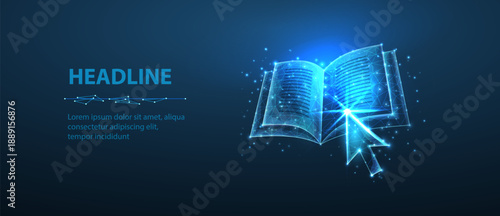 Arrow pointer clicking on digital book. Online library, e-education technology, distant study, educational resources, guide course, ebooks app, online seminar, e-learning resources concept.

