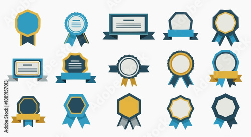 Collection of certificate and badge templates in blue and gold on a clean background, showcasing various designs and layouts.