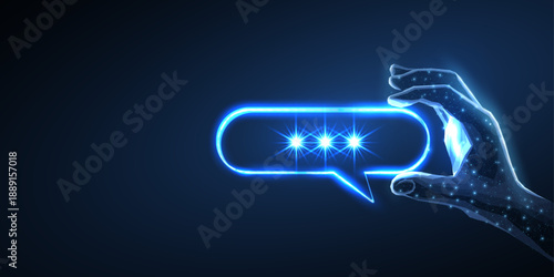 Chat bot assistance. Polygonal bubble speech in digital hand. AI chatbot service, virtual assistant concept. Digital solution, AI reply, robotic help in chat symbol

