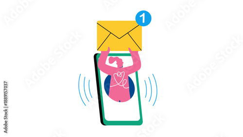 A cartoon person receiving a notification on their mobile phone with an envelope