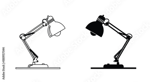 Two black and white illustrations of adjustable desk lamps with articulated arms