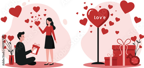 Man proposing to woman with heart decor and gift boxes on valentine s day